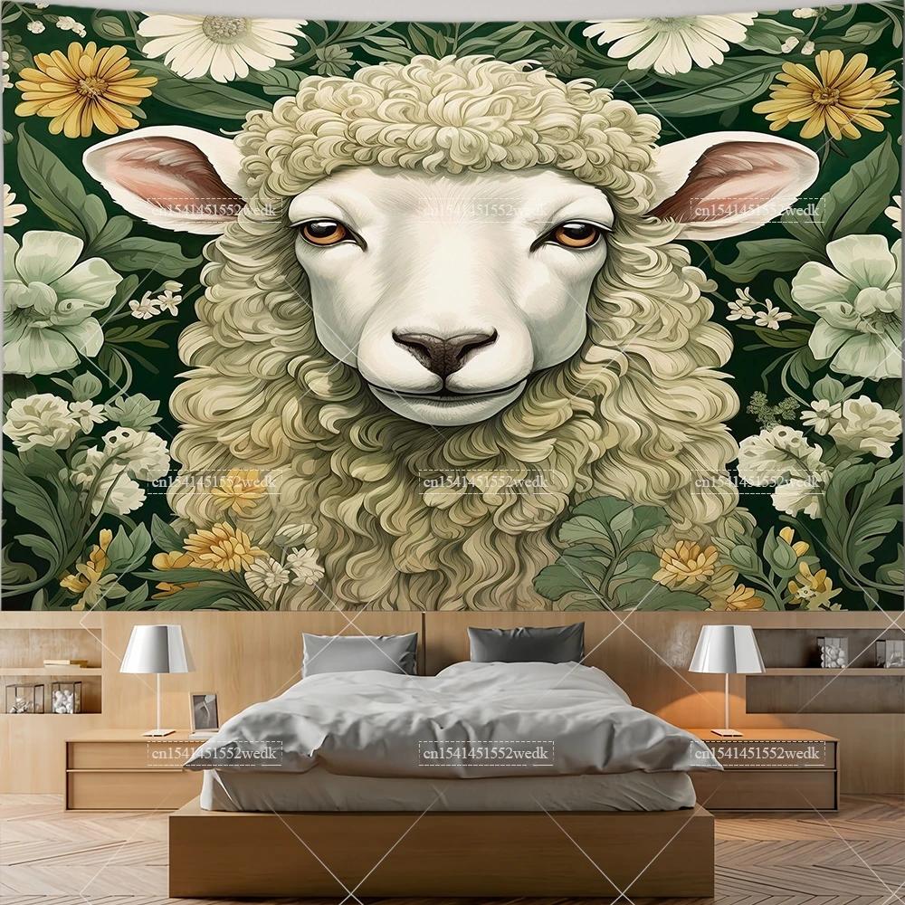 Sheep in Garden Tapestry Wall Hanging Animal Ram Sheep Deer Tapestry Aesthetic Room Decor Wallpapers For Bedroom Paintings