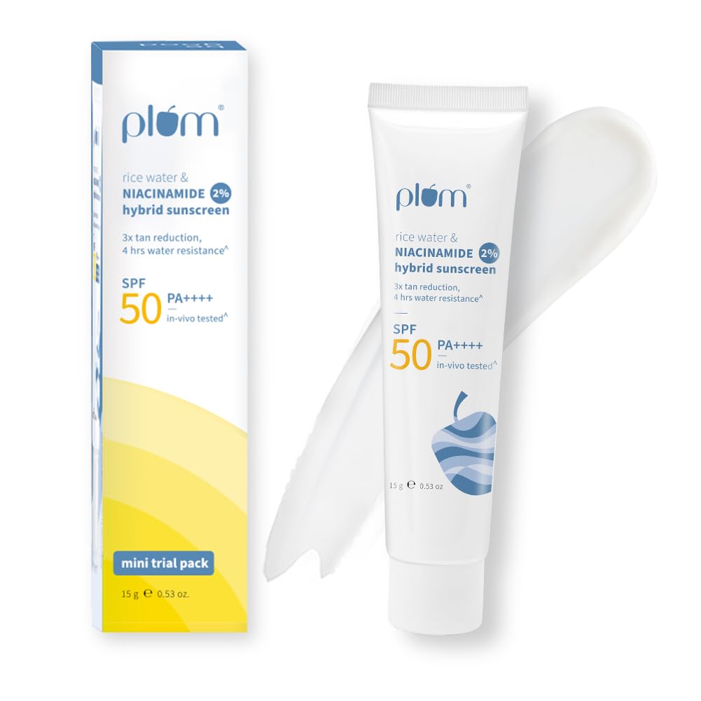 Plum 2% Niacinamide & Rice Water Sunscreen SPF 50 PA+++ for Oily, Dry & Combination Skin 15g Pack