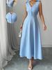 2025 Spring/Summer Blue Sleeveless Midi Dress with Bow and Button Waist