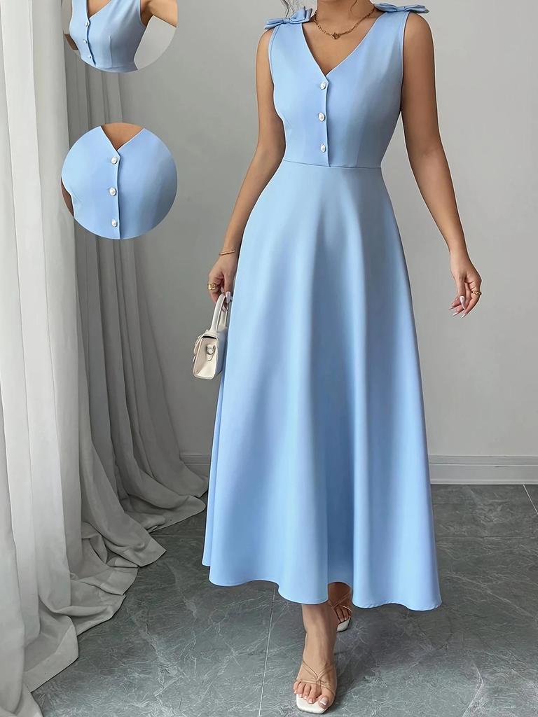2025 Spring/Summer Blue Sleeveless Midi Dress with Bow and Button Waist