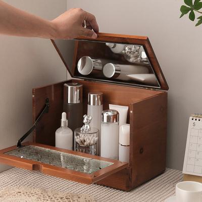 1pc Vintage Wooden Desktop Dressing Box with Mirror, Household Dustproof Large Capacity Cosmetic&jewelry Wood Storage Box.