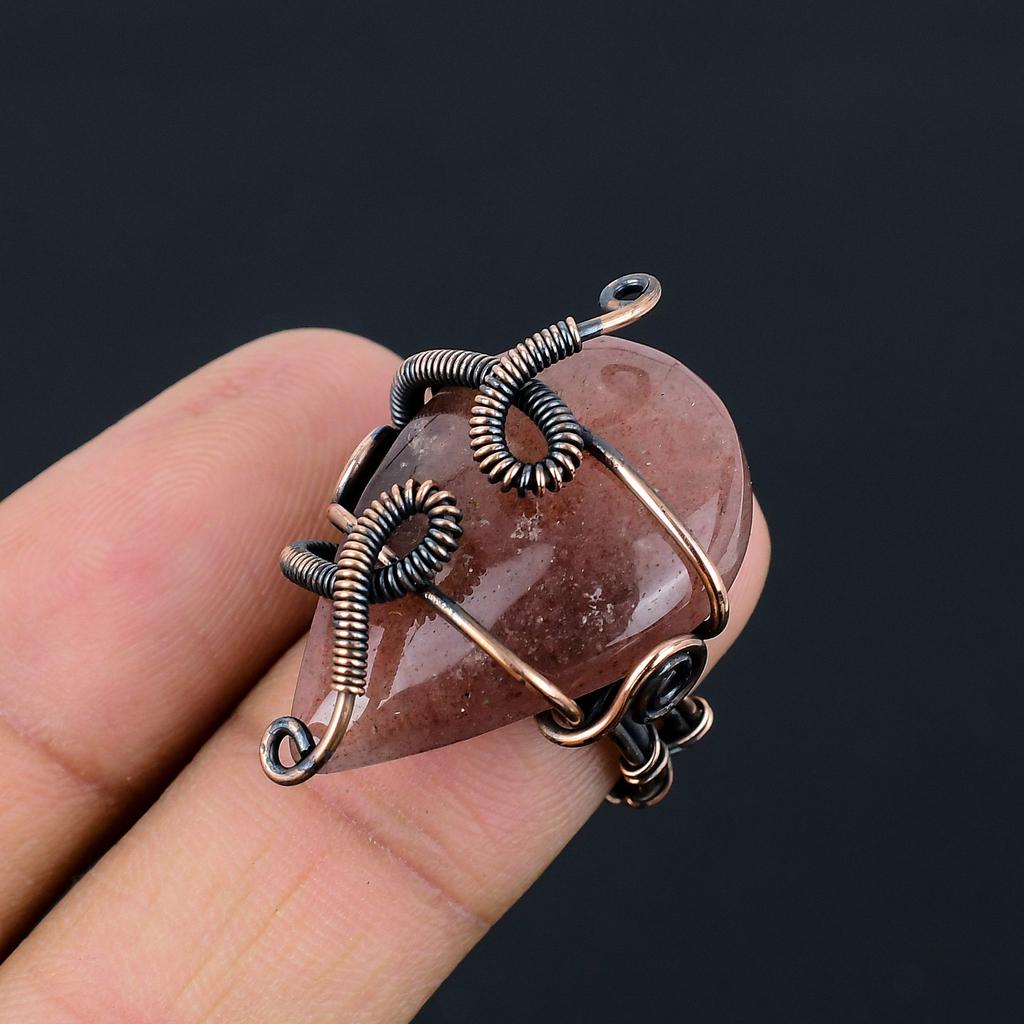 Natural Strawberry Quartz Gemstone Copper Wire Wrap Gift Ring Size 5.5 G5K84