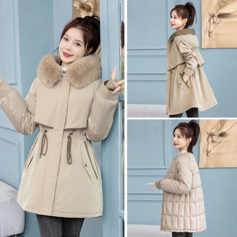 Women's Hooded Parka Winter Removable Liner Cotton Jacket Thickened Windproof Parka Jacket with Fur Collar