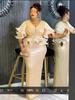 Champagne Ruffle Sleeve Fishtail Dress - Plus Size Women's Slimming Waist Long Gown for Banquet Party