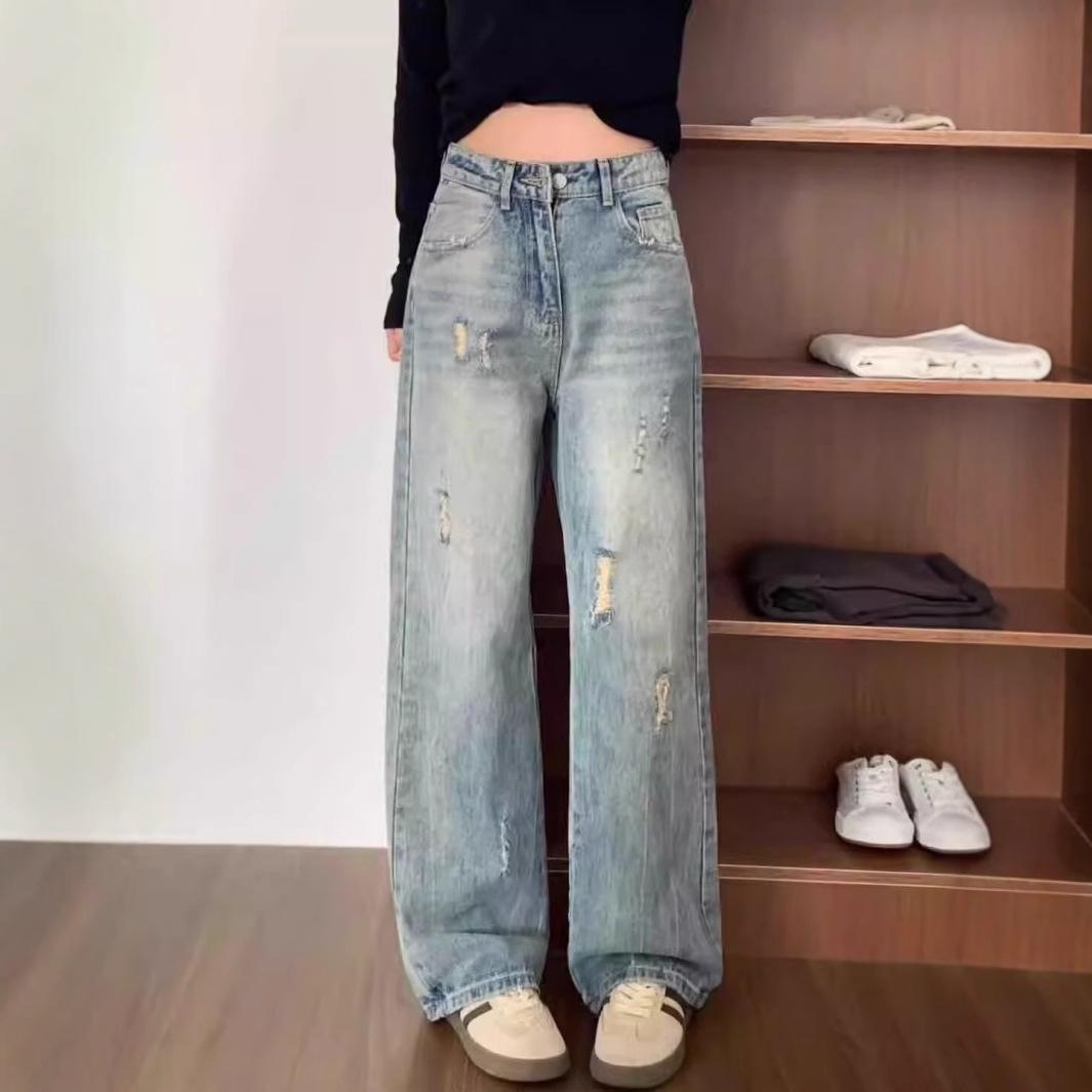 

Women s High-Waist Blue Retro Ripped Jeans with Wide Leg and Slimming Fit 3XL синій