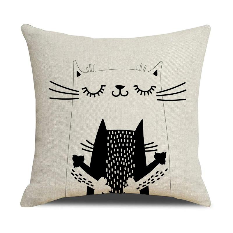 Black And White Cute Cat Printed Cushion Cover Home Decorative Sofa Pillow Covers Coffee Chair Throw Pillow Case Car Pillowcase