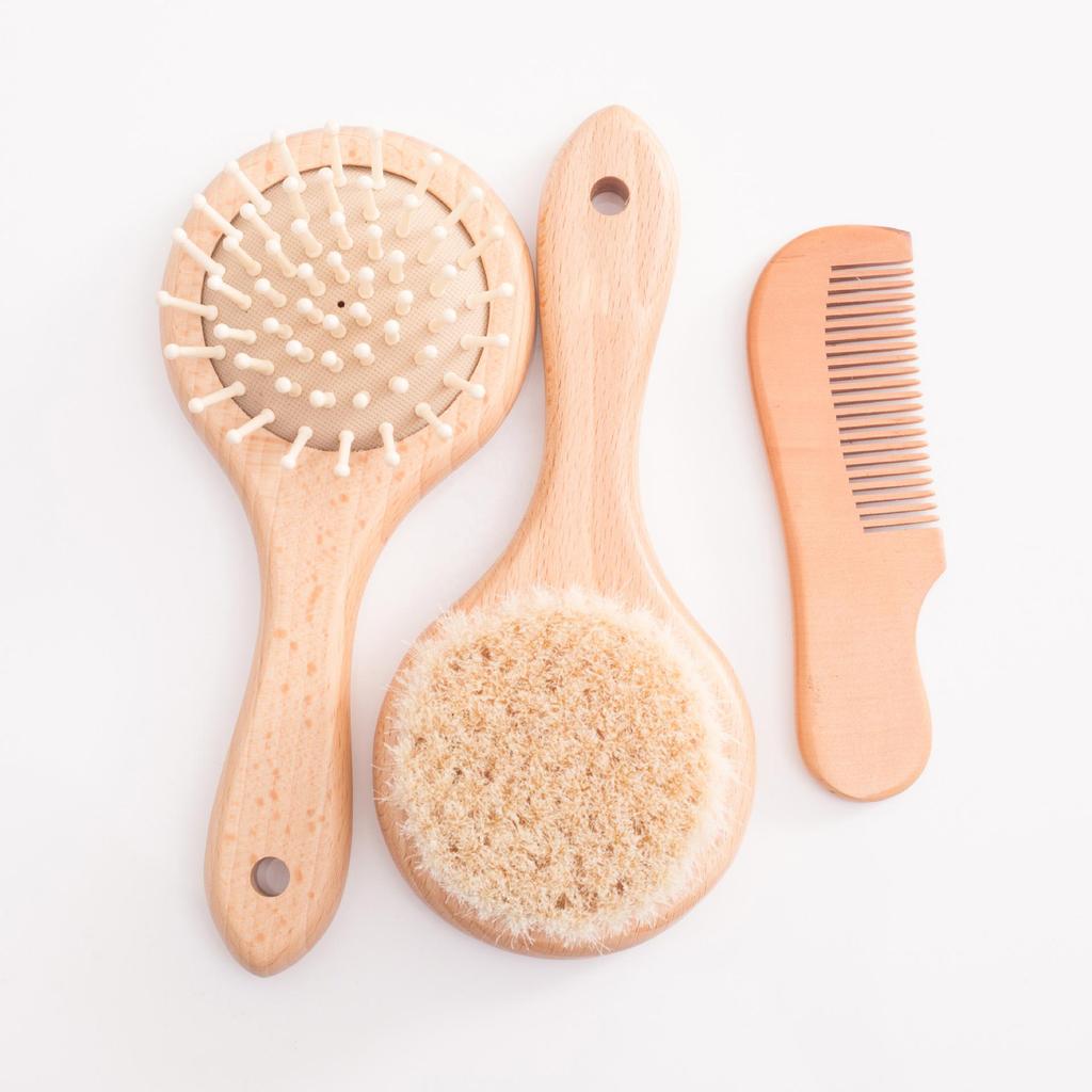 Baby Massage & Cleaning Set: Beechwood, Wool, Pearwood Brushes & Combs