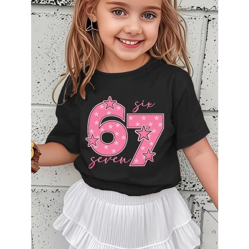 European sizes Girls' 67 Letters & Numbers Print T-Shirt - Casual Round Neck Top Suitable for Spring/Summer, & Casual Attire