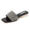 Fashion Low Heel Slippers Summer New Square Head Open Toe Crystal Buckle Set Foot Anti-slip Wear-resistant Square Heel Shoes
