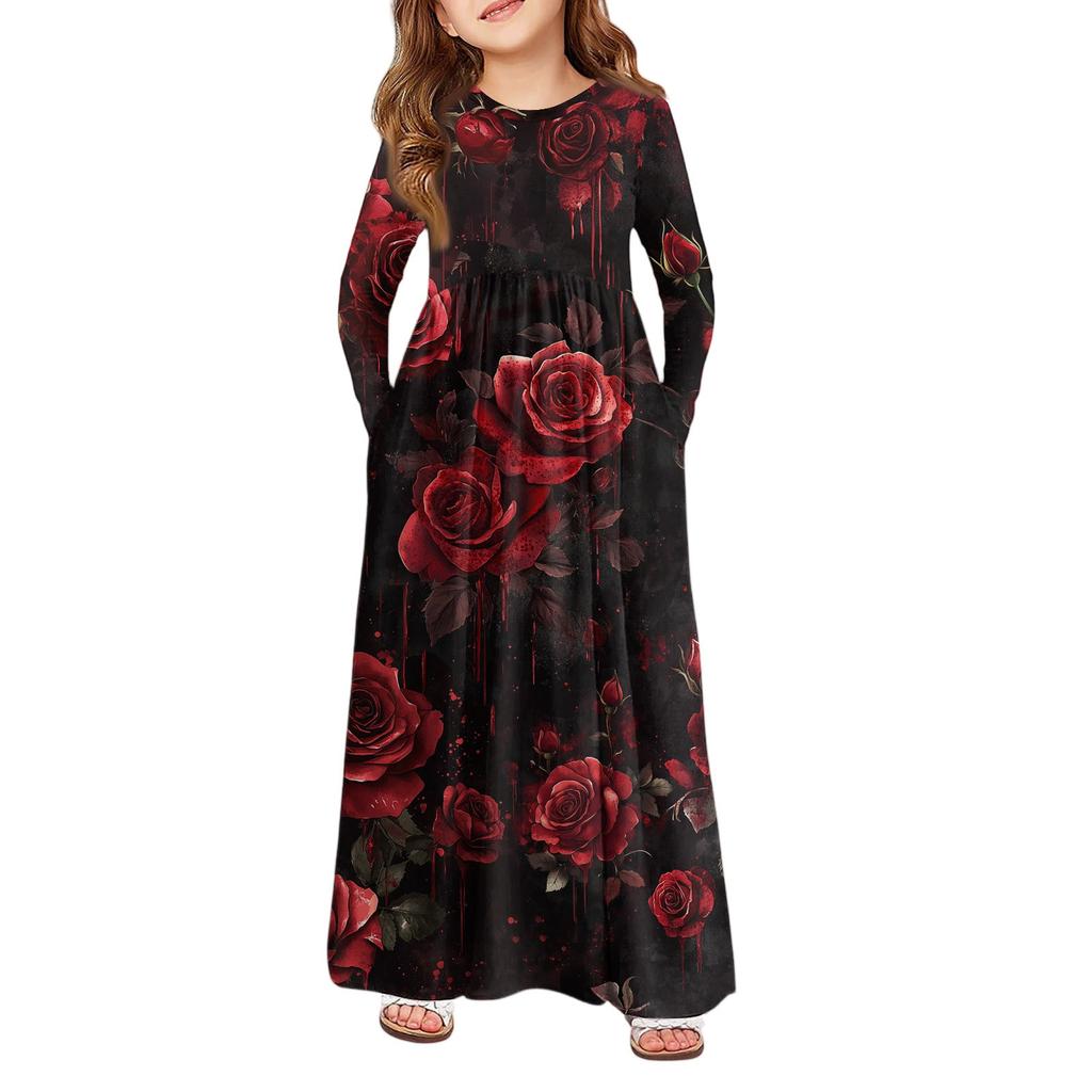 Mädchen Maxi Kleid Halloween Tag- Langarm Taschenkleid