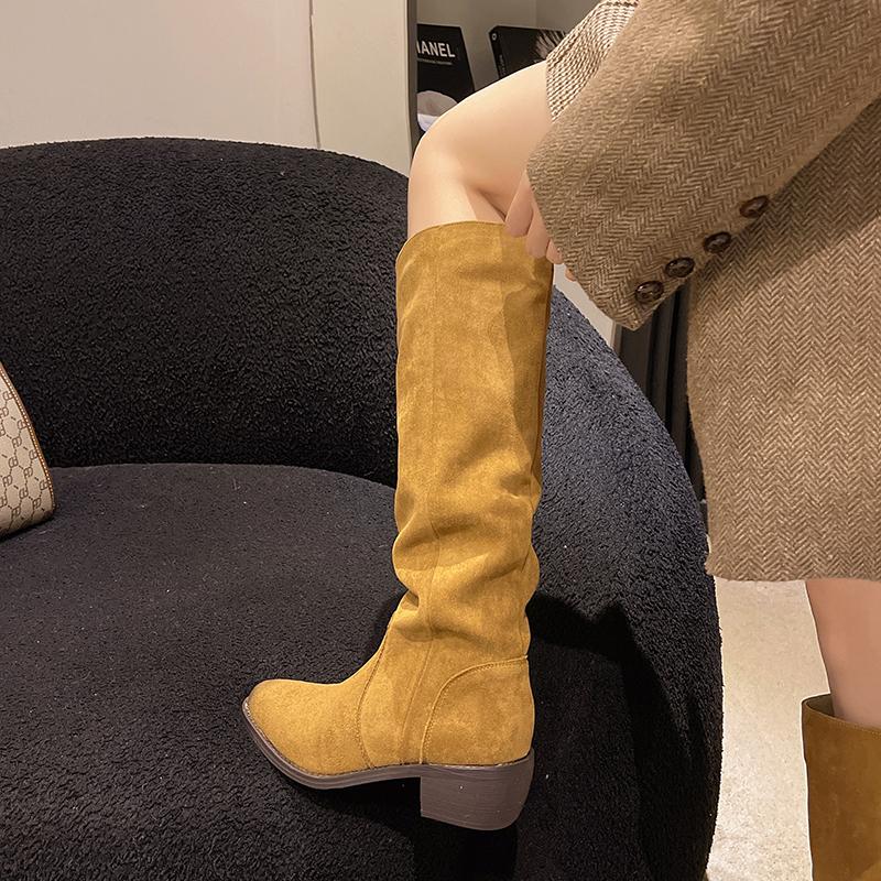 Fashion Winter Vintage Pleated Women Mordern High Boots Designer Slip On Pointed Toe Internal Elevation Shoes Botas De Mujer