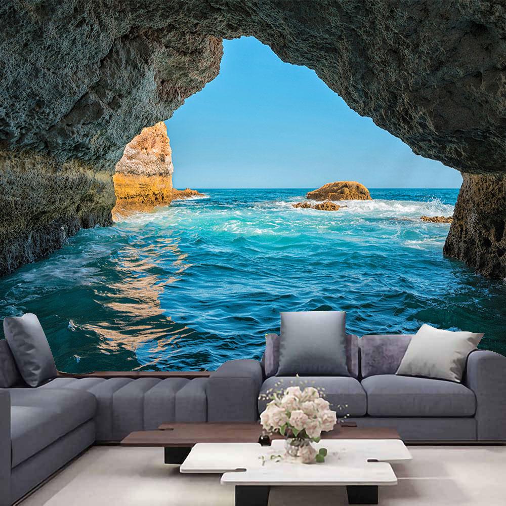 Ocean View Wall Tapestry Forest Waterfall Lotus Decoration Wall Carpet Beach Tapestry Living Room Bedroom Background Cloth