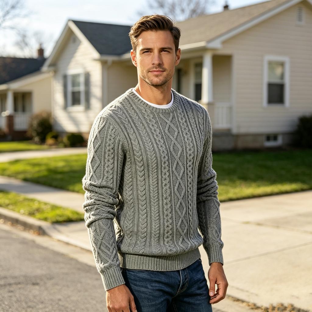 Cable Knit Neck Pullover Sweater in Retro, Color Casual