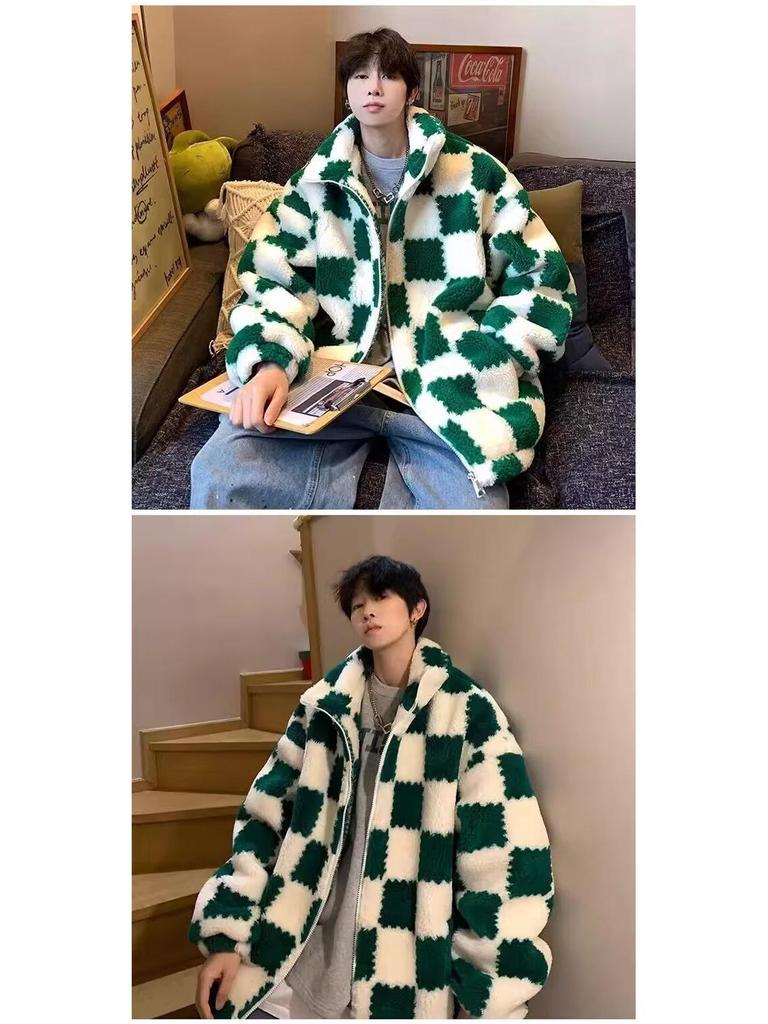 2025 Men's Korean Style Checkered Lambswool Coat for Autumn/Winter: Loose, Versatile, High-End Warmth