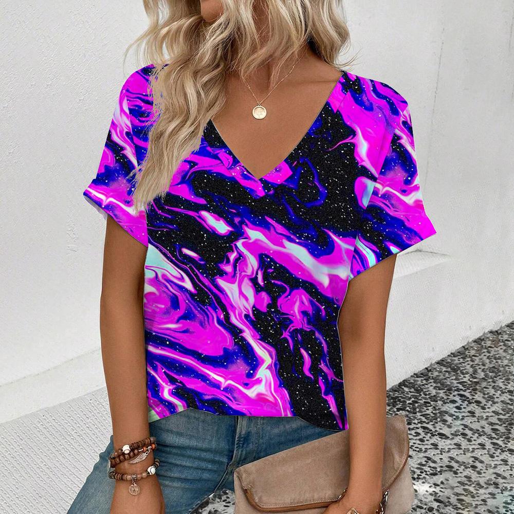 Women'sshort Sleeve V-Neck T-Shirt Colorful Tassels Pattern T-Shirt Fashion Casual Women's Elegant Comfort Large Size T-Shirt