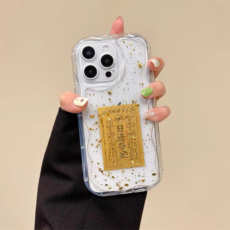 

Gold Foil Drip Glue Daily Battle for Gold for Apple 16 Phone Case, Eight Directions for Wealth, New Year of The Snake, Transparent for IPhone 17 For iPhone 17Promax