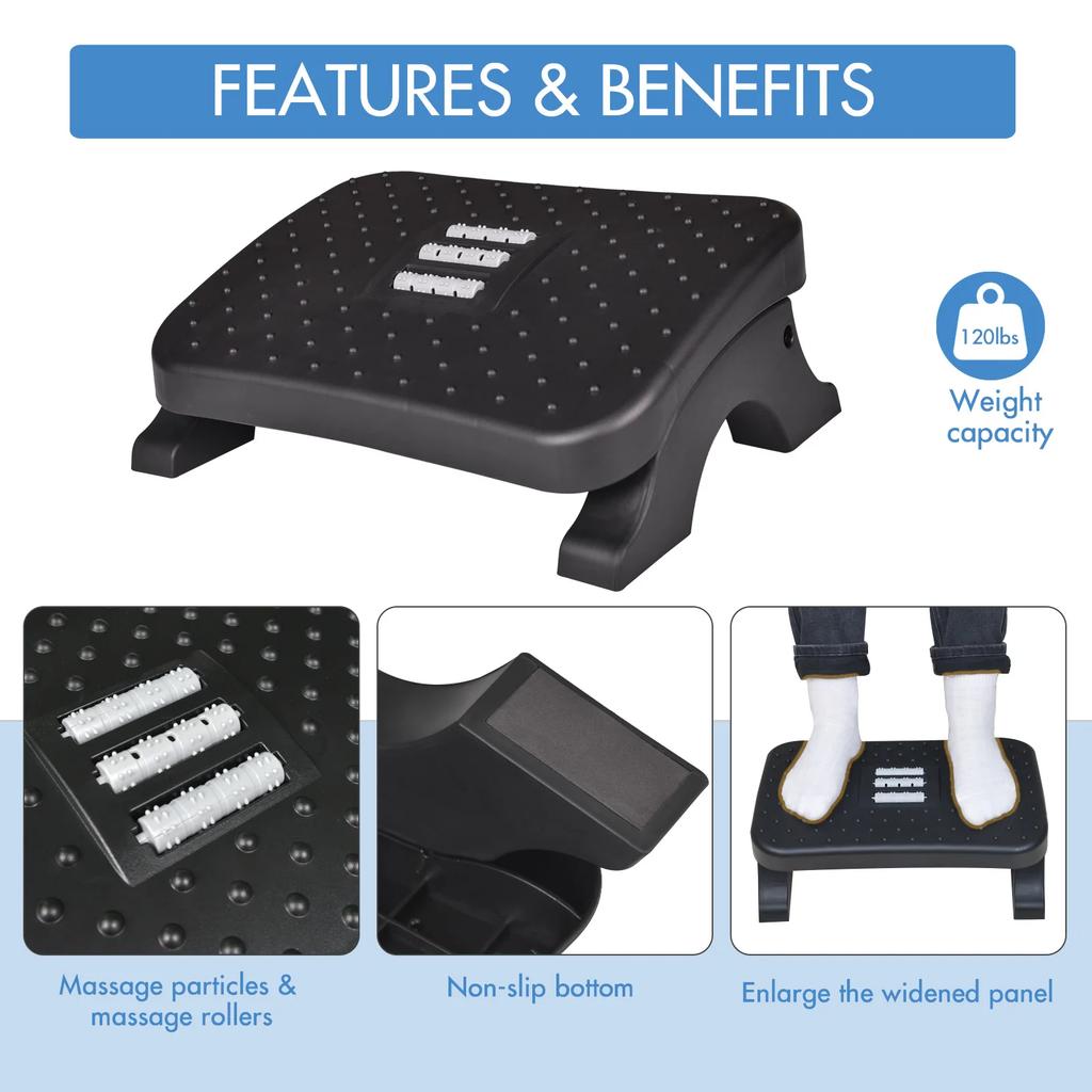 Under Desk Footstool w/Massage Rollers, Ergonomic Home Office Work Game Foot Rest, Helps Muscle Relax, Leg Care, Pain Relief