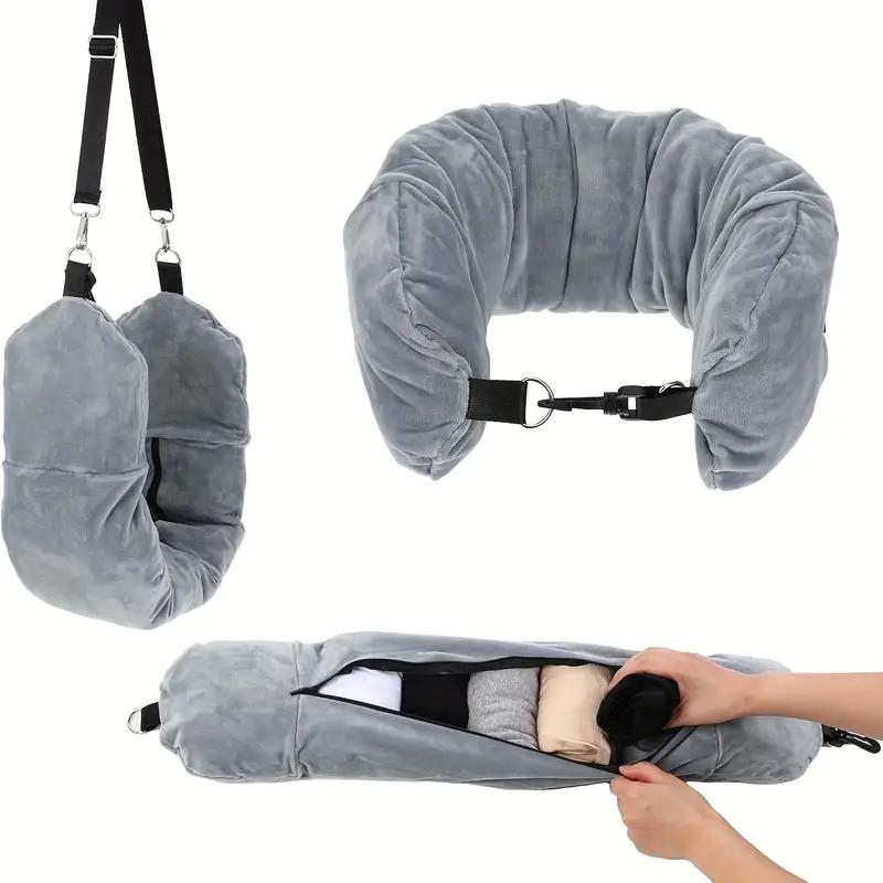 Travel Neck Pillow with Fillable Clothing U-Shaped Pillowcase, Extra Storage Bag, Soft Fleece Material Velvet Neck Pillow