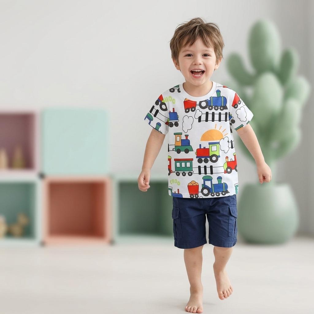 Summer New Product: Boys' Short-Sleeve T-Shirt With Cartoon Train Print Pullover Casual Round-Neck Top For Young Children