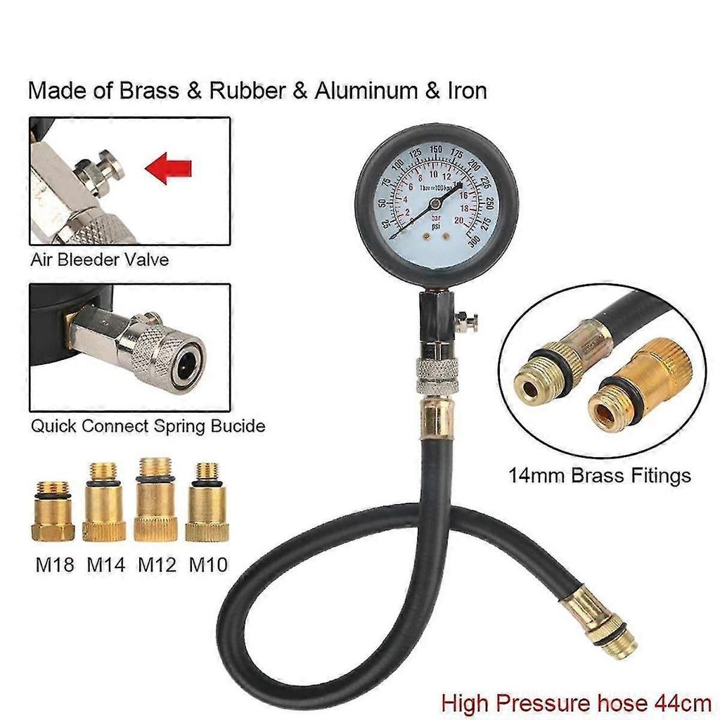 Gasoline Engine Compression Meter with M10 M12 M14 Adapter 0-300 PSI Pressure Gauge Automotive Cyli
