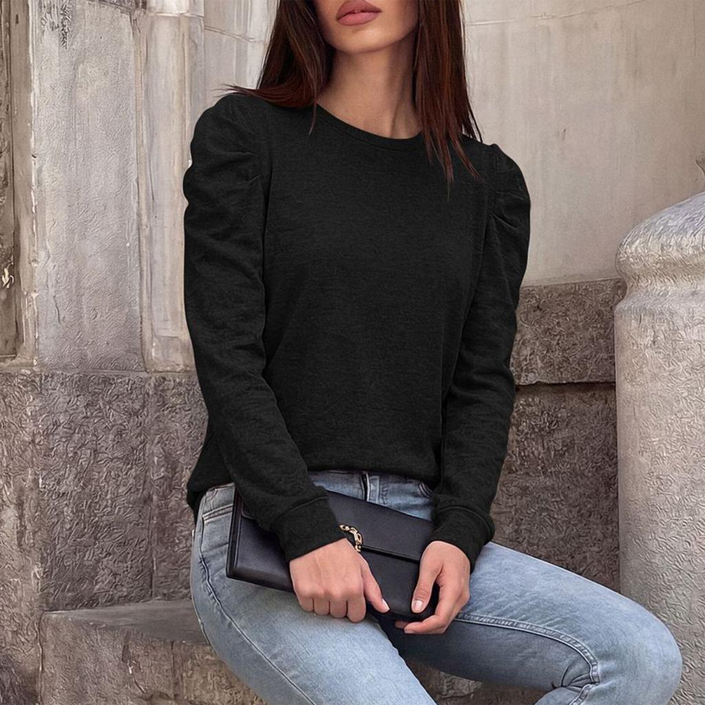 Women's Fashion Loose Fit Long Sleeve T Shirt Crew Neck Pleated Shoulder Detail Casual Top for Everyday Wear