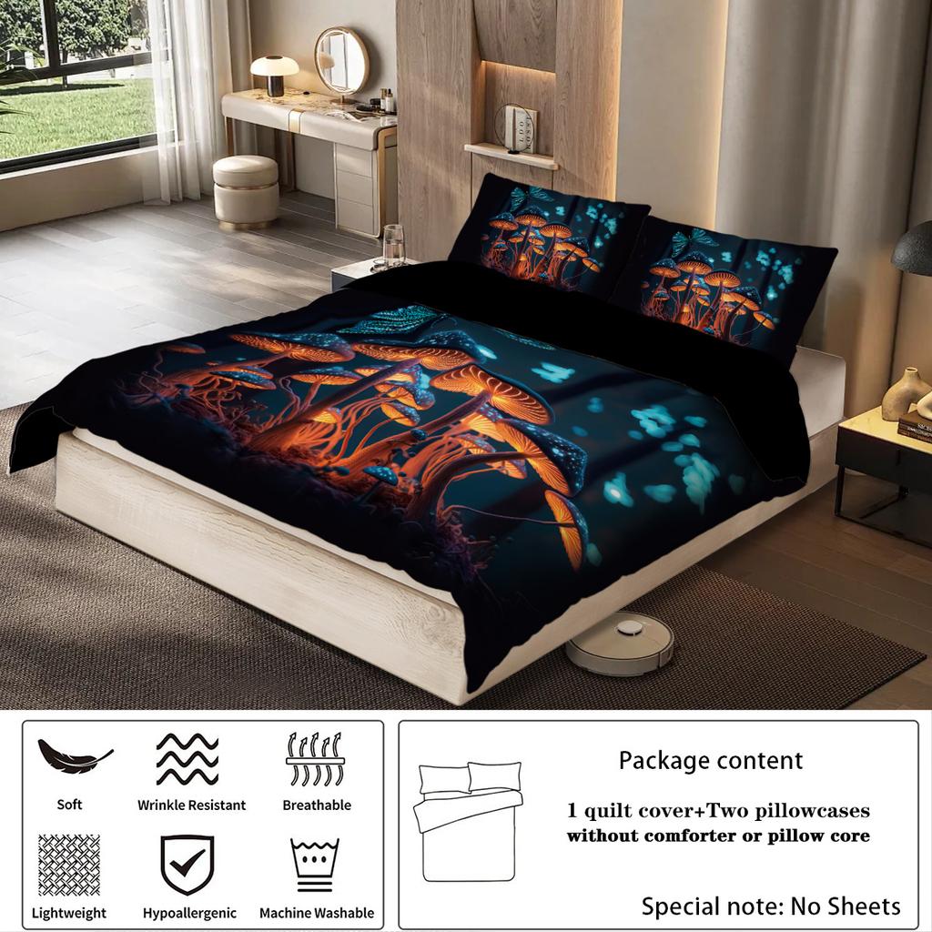 3-piece Set, Glowing Mashroom Pattern Printed Duvet Set, Queen, King, Double Bed, Party  Funny and Creative Bedding Set