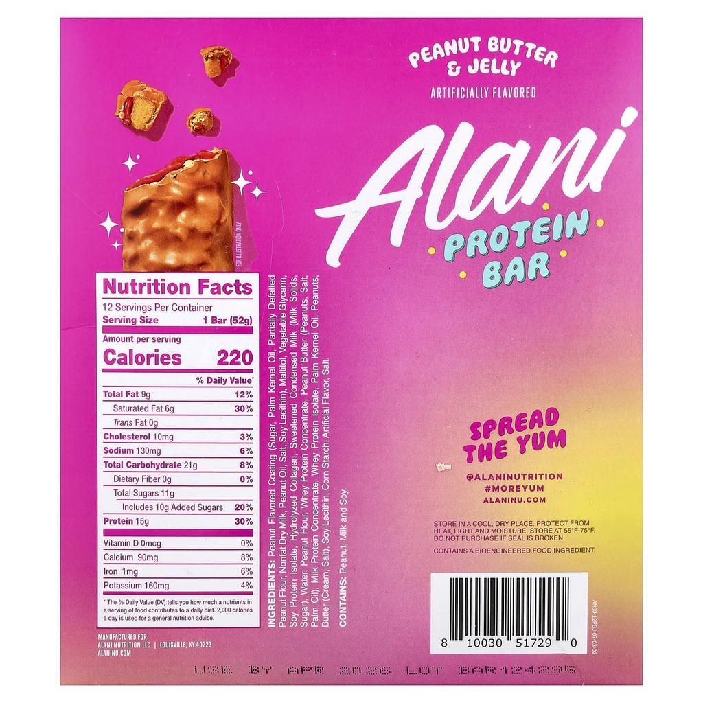 Alani Nu Protein Bar, Peanut Butter & Jelly, 12 Bars, 52g (1.83oz) Each