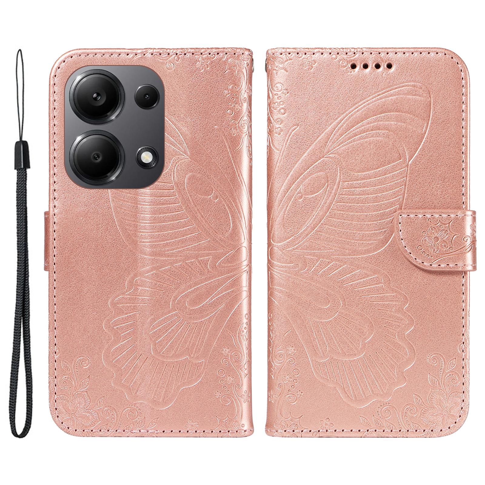 

For Xiaomi Redmi Note 13 Pro 4G/Poco M6 Pro 4G Wholesale Phone Case Butterfly Pattern PU Leather Flip Phone Cover Rose Gold