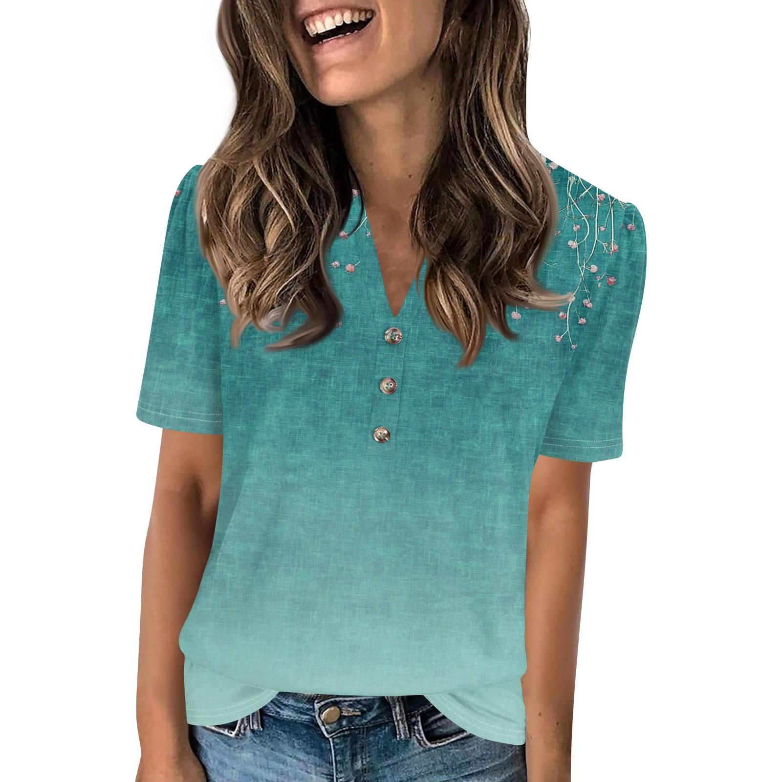 

Женский модный повседневный свитер с коротким рукавом и принтом на пуговицах и V-образным вырезом L темно-зеленого