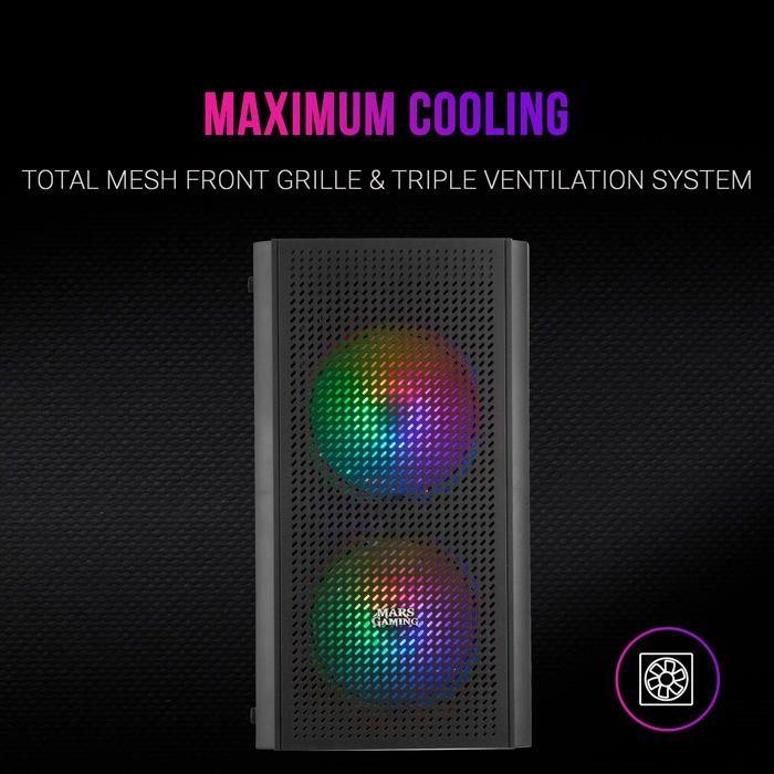 Boîtier pc micro atx - mars gaming - mc300 noir - verre trempé - 3 ventilateurs frgb - total-mesh
