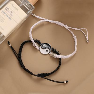 Couple Bracelets Hematite Leather Cord Braid Chain Bracelet Chinese Tai Chi Alloy Pendant Two-piece Woven Lover Bracelet Gift