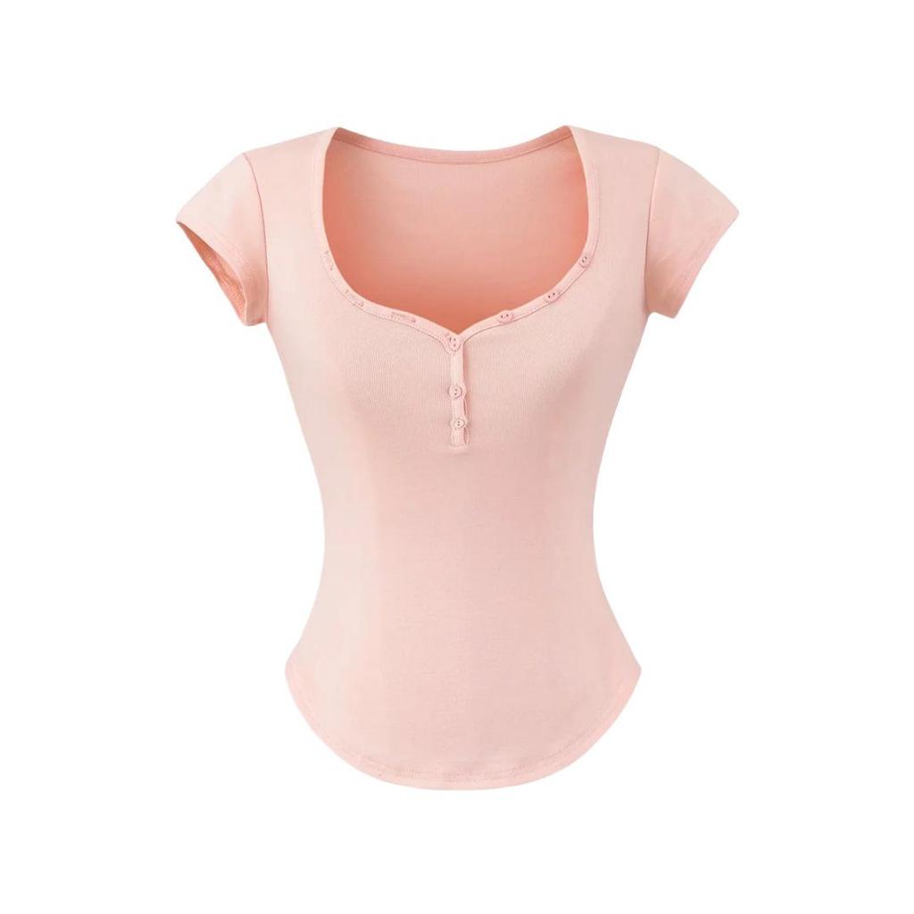 Damen Einfarbiges Slim-Fit T-Shirt mit Herzausschnitt & Gebogenem Saum