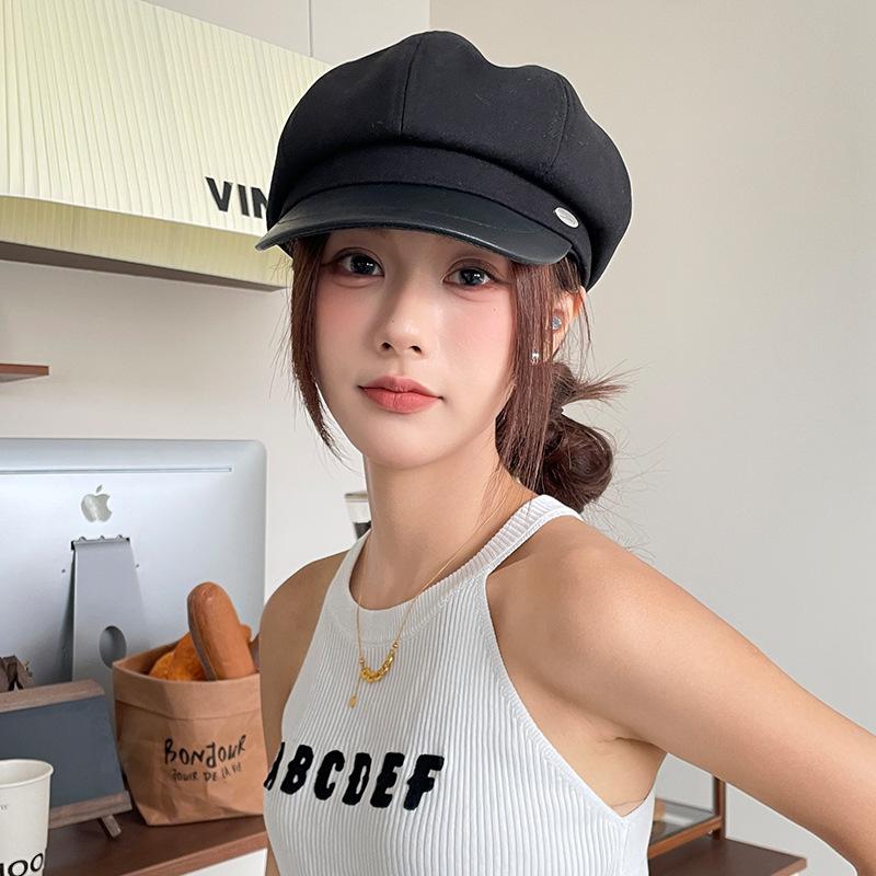 PU Leather-brimmed Retro Plaid Octagonal Hat for Women, Autumn and Winter, Face-slimming Beret, Stylish and Versatile Newsboy Cap