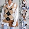 Women Spring Fall Knitted Vest Sweater Jumper Pullovers Top V-neck Sleeveless Diamond Patchwork Stitching S-L