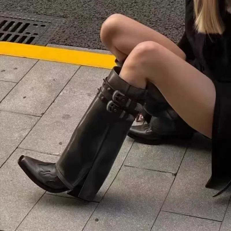 Designer Gladiator Chelsea Boots Women Autumn  Knee High Western Shoes Women Pointed-Toe Fashion Buckle Mid Heels Botas