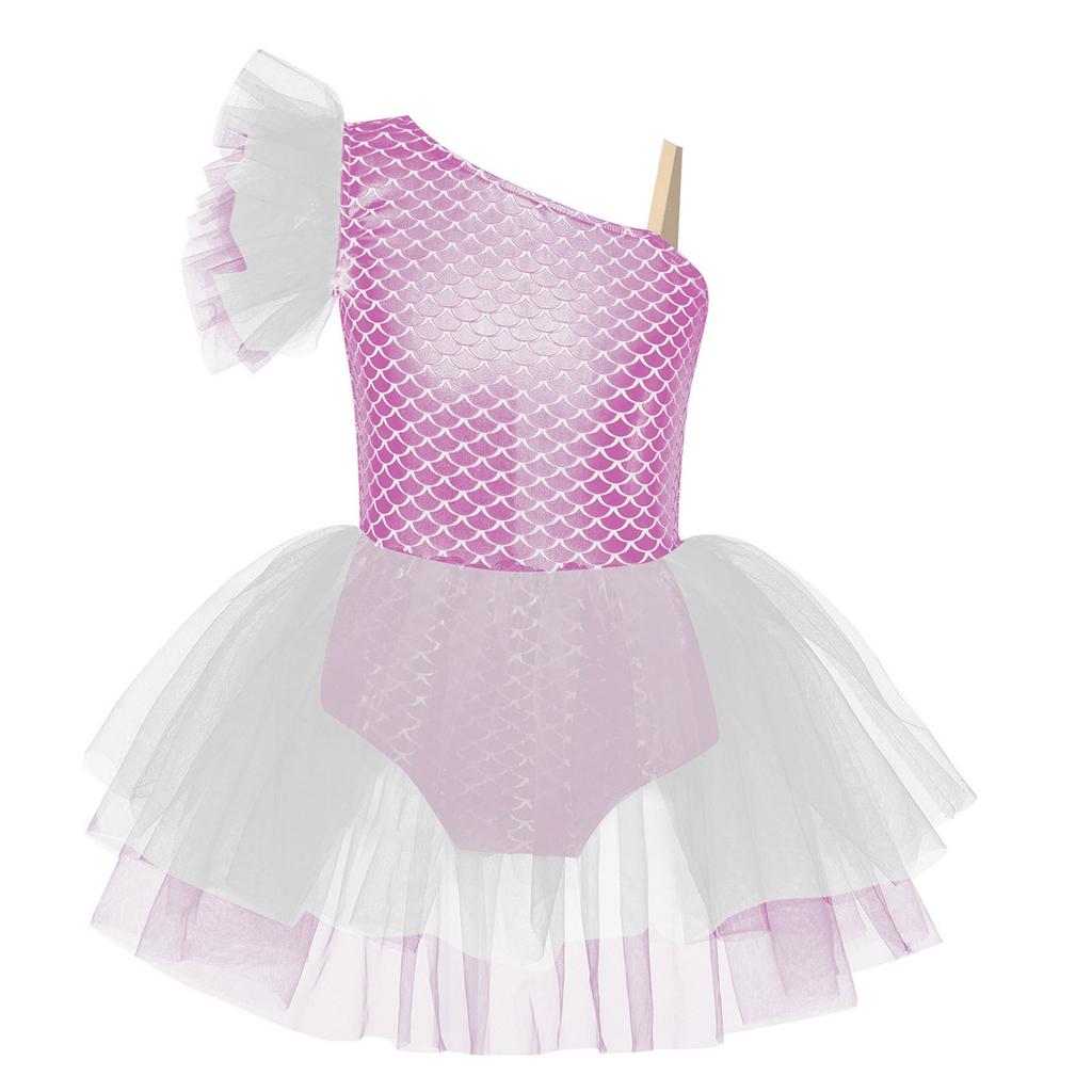 Girls Ballerina Tutu Dress One Shoulder Sleeveless Mermaid Fish Scales Print Camisole Leotard Halloween Dance Costume