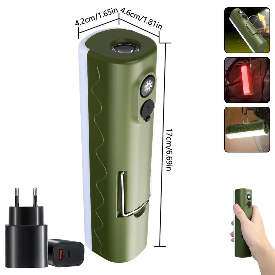 Dual Light Multi-functional Camping Flashlight Rechargeable Light RGB Waterproof Torch with Hook for Hiking Fishing Emergency
