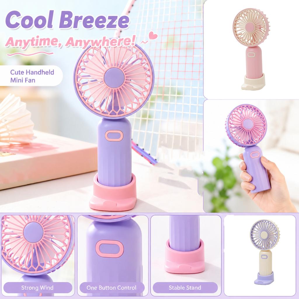 Portable Handheld Fan with Stand Rechargeable Small Desktop Fan Cartoon Style USB Mini Fan for Office Travel Outdoor Use