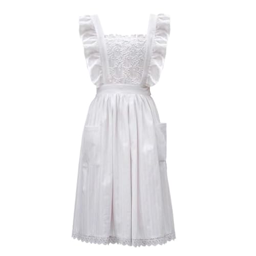 Classic maid s apron, white, with ruffled shoulder straps, lace embroidery, cotton, white, one size fits all