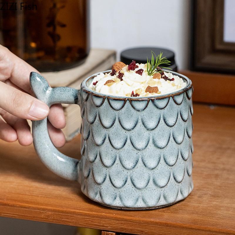 Embossed Ceramic Mug Creative Retro Coffee Cup Office Afternoon Tea Cup Nordic Home Breakfast Milk Cup Couple Drinking Set