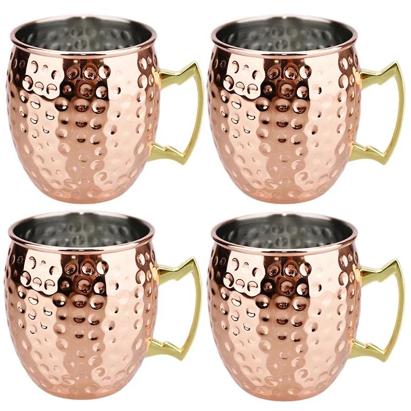4Pcs Creative Stainless Steel Hammered Point Cocktail Mug Non-Slip with Gold Handle Drum Mug for Home and Bar Drinking Mule Mugs