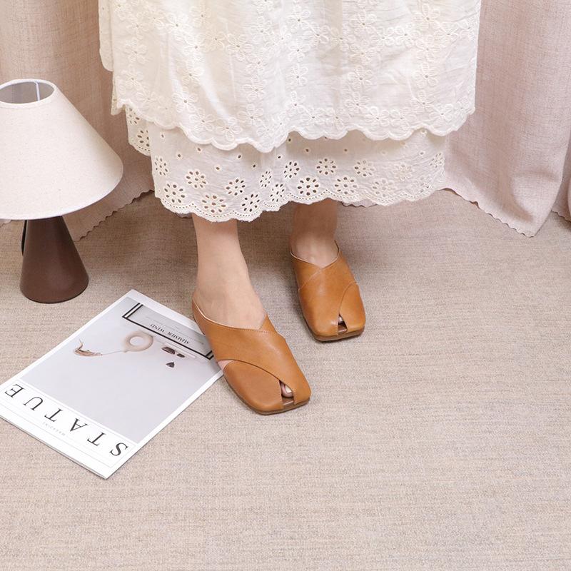 Johnature Papuci cu degetul pătrat din piele naturală Pantofi pentru femei Pantofi casual pentru exterior Pantofi confort papuci