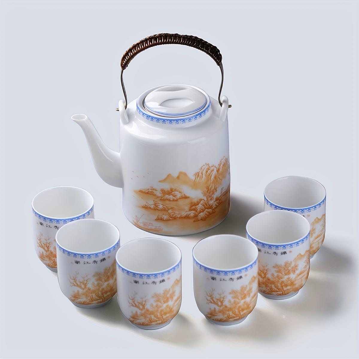 

Чайный сервиз в китайском античном стиле, 1100 мл/27,20 унций, чайник и 6 чашек, синий и белый фарфоровый набор для питья, домашний декор, декор комнаты, подарки Landscape-Autumn