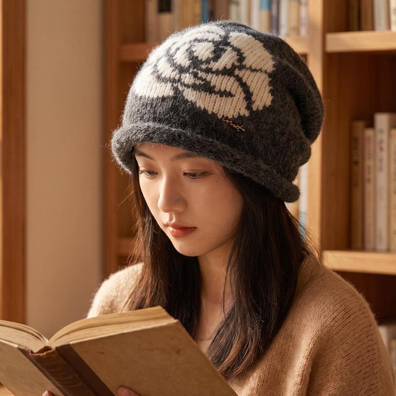 Women S Vintage Rose Embroidery Knitted Beanie Hat Korean Style Warm Winter Hat