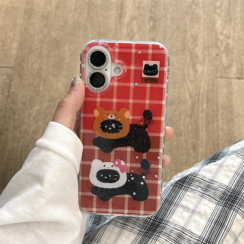 

Adorable Red Plaid Black Kitten iPhone 17 ProMax Case, Apple 16, 15 Double Layer, for Women 17Pro