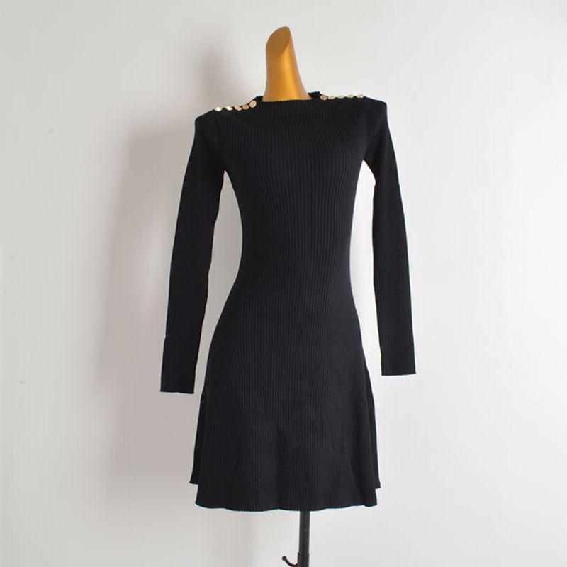 

Fashion Style New Arrival Sexy Elegant Shoulder Metal Buckle Long Sleeves Knitting Dress Women s Fall Slim Fit A- line Skirt Black M