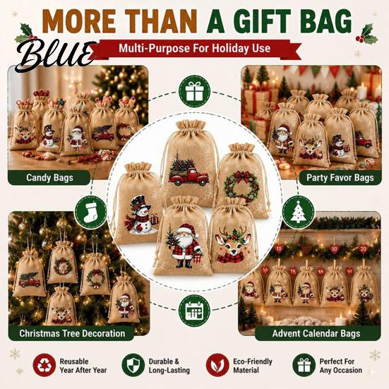 Christmas Party Favor Bags Jute Burlap Gift Bags, Drawstring Treat Candy Reusable Fabric Pouches Bag, Linen Packaging Pouch for Holiday Favors