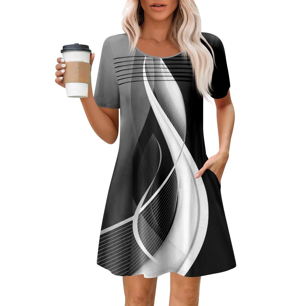 Women's Summer Casual Round Neck Pleated With Pockets Printed Short Sleeve Dresses