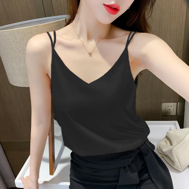 Women Satin Double Spaghetti Strap Cami Top V‑Neck Loose Plus Size Sleeveless Tank Top Silky Acetate Inner Camisole M‑4XL