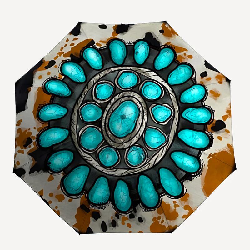 

1pc Turquoise Gemstone Pattern Automatic Folding Umbrella - Portable Collapsible 8-Rib Umbrella for All Seasons yy251119170